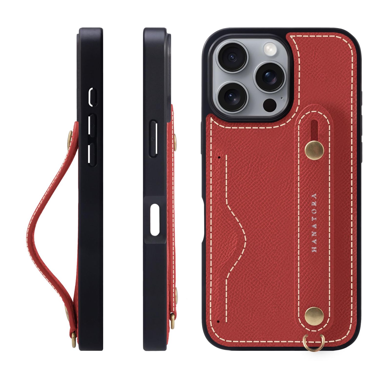 新品 HANATORA for iPhone 16ProMax ケース 本革 耐衝撃 背面ベルト カードポケット スマホケース スマホ スタンド機能 ネック ストラップ 付き エンボスレザー ギフト マグネットなし レッド NCGH-16ProMax-Red
