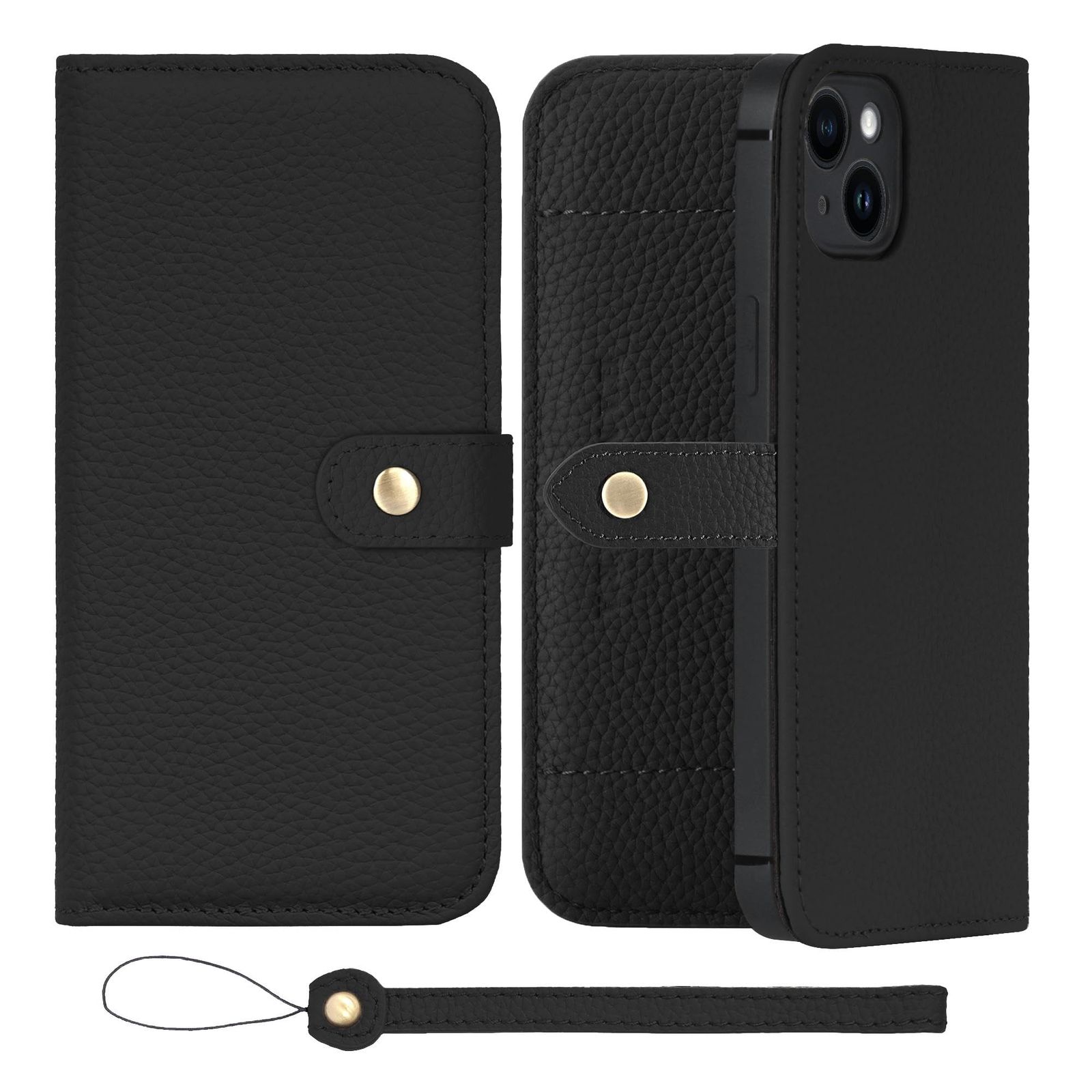 新品 HANATORA for iPhone 15Plus ケース 手帳型 本革 スマホケース スマホ スタンド ストラップ 付き シュリンクカーフレザー ベルトあり マグネットなし ブラック H1SPB-15Plus-Black ギフト 誕生日 女性 男性