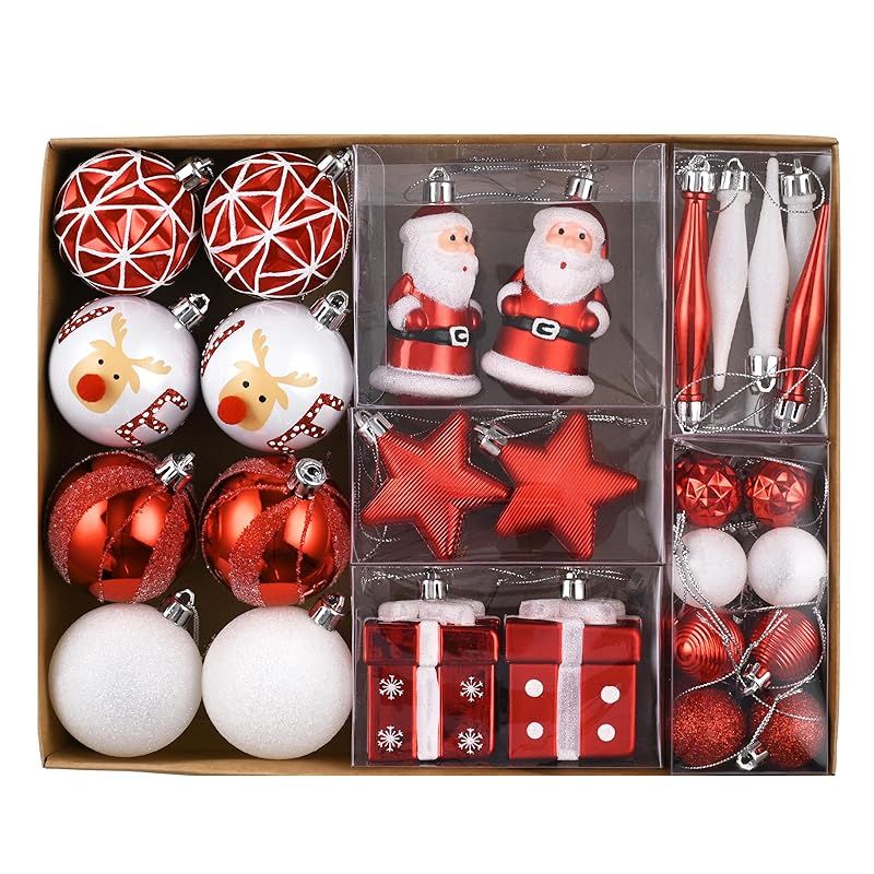 Valery Madelyn クリスマス オーナメント クリスマスボール 赤白色 40個 セット 鈴 サンタクロース トナカイ クリスマスツリー おしゃれ レッド ホワイト 飾り付け デコレーション 装飾品 1