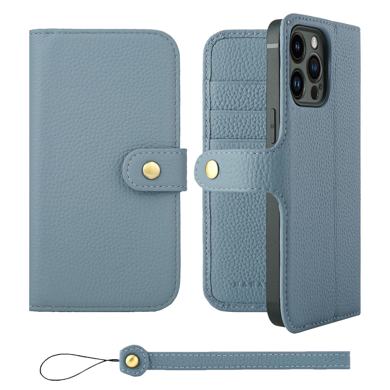 新品 HANATORA for iPhone 14ProMax ケース 手帳型 本革 スマホケース スマホ スタンド ストラップ 付き シュリンクカーフレザー ベルトあり マグネットなし ブルーグレー H0XB-14ProMax-BlueGray ギフト 誕生