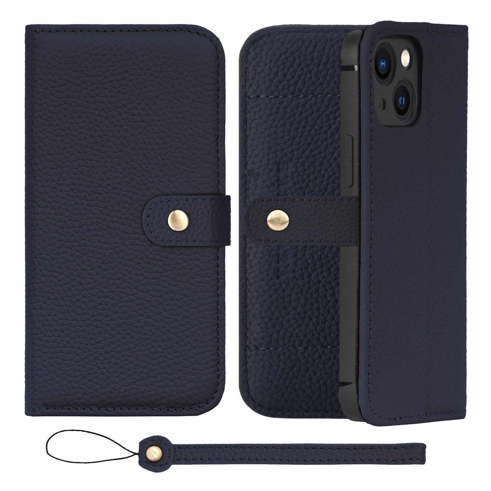 新品 HANATORA for iPhone 13mini ケース 手帳型 本革 スマホケース スマホ スタンド ストラップ 付き シュリンクカーフレザー ベルトあり マグネットなし ネイビー H1SPB-13mini-Navy ギフト 誕生日 女性 男性 彼