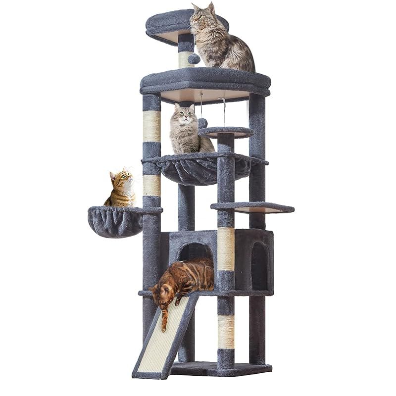 Taoqimiao 高さ約183cm キャットタワー 多段階高層猫タワー キャットタワー 大型猫用 広幅猫ハウス大型スクラッチボード付き 爪研ぎポール5本 メタルハンモック 寝床バスケット MS045G ダークグレー 1