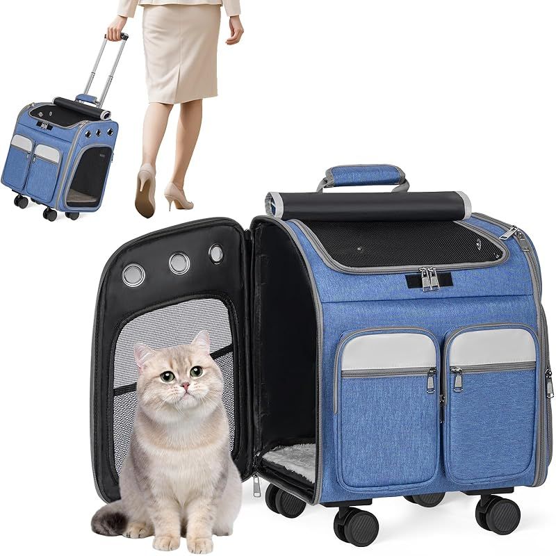 Rxakudedo ペットキャリー ペット用ベビーカー キャスター付きト用 猫キャリーバッグ 猫・小型犬用 4way キャスター付き手提げ 取り外し可能 ブルー 1