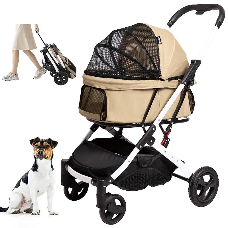 BETSOCCI ペットカート ワンタッチ 折りたたみ 猫犬兼用 ペットバギー 軽量 犬用ベビーカー コンパクト収納 4輪 衝撃吸収 サスペンション 前輪360°回転 後輪ブレーキ付き 小型犬 中型犬 お出かけ 散歩 通院 介護用 一体型 ドッグカート 組 1