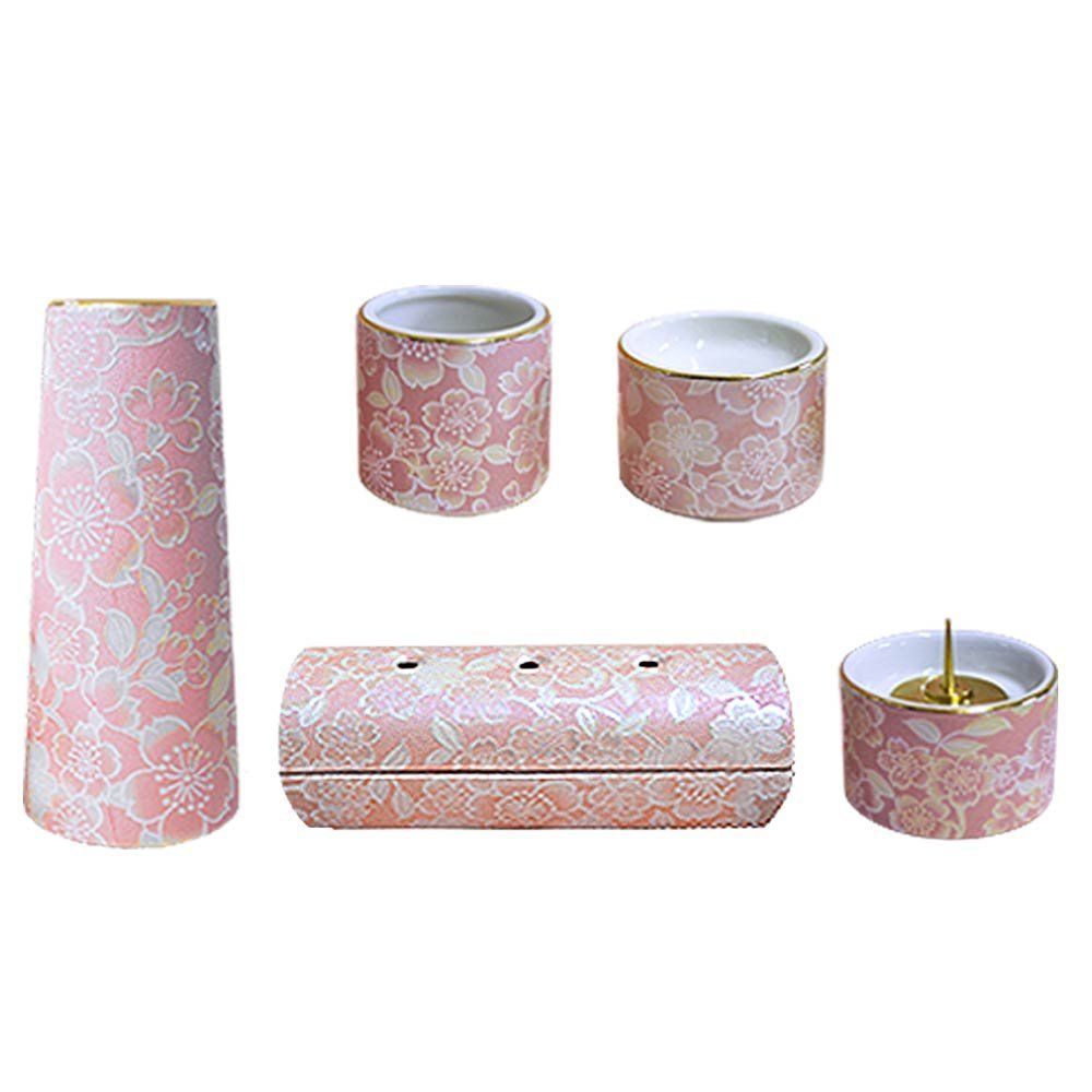 新品 陶器製 モダン仏具5点セット『ゆい花』 (横置き筒型香炉) 桜 (j1272-1-5)