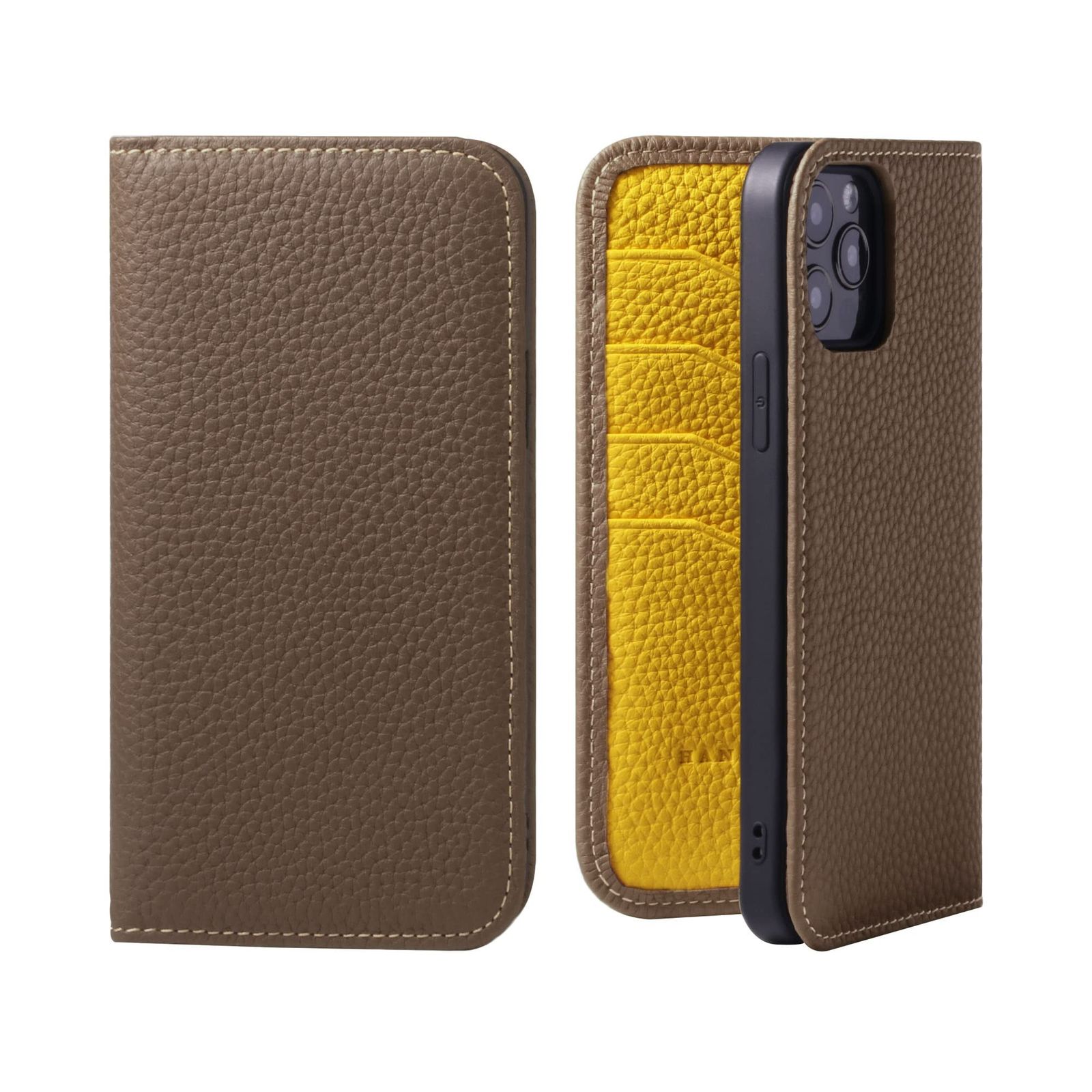 新品 HANATORA for iPhone 15ProMax ケース 手帳型 本革 スマホケース スマホ スタンド コードホルダー 付き シュリンクカーフレザー マグネットなし トープ + イエロー PH-15ProMax-Taupe-YL ギフト 誕生日