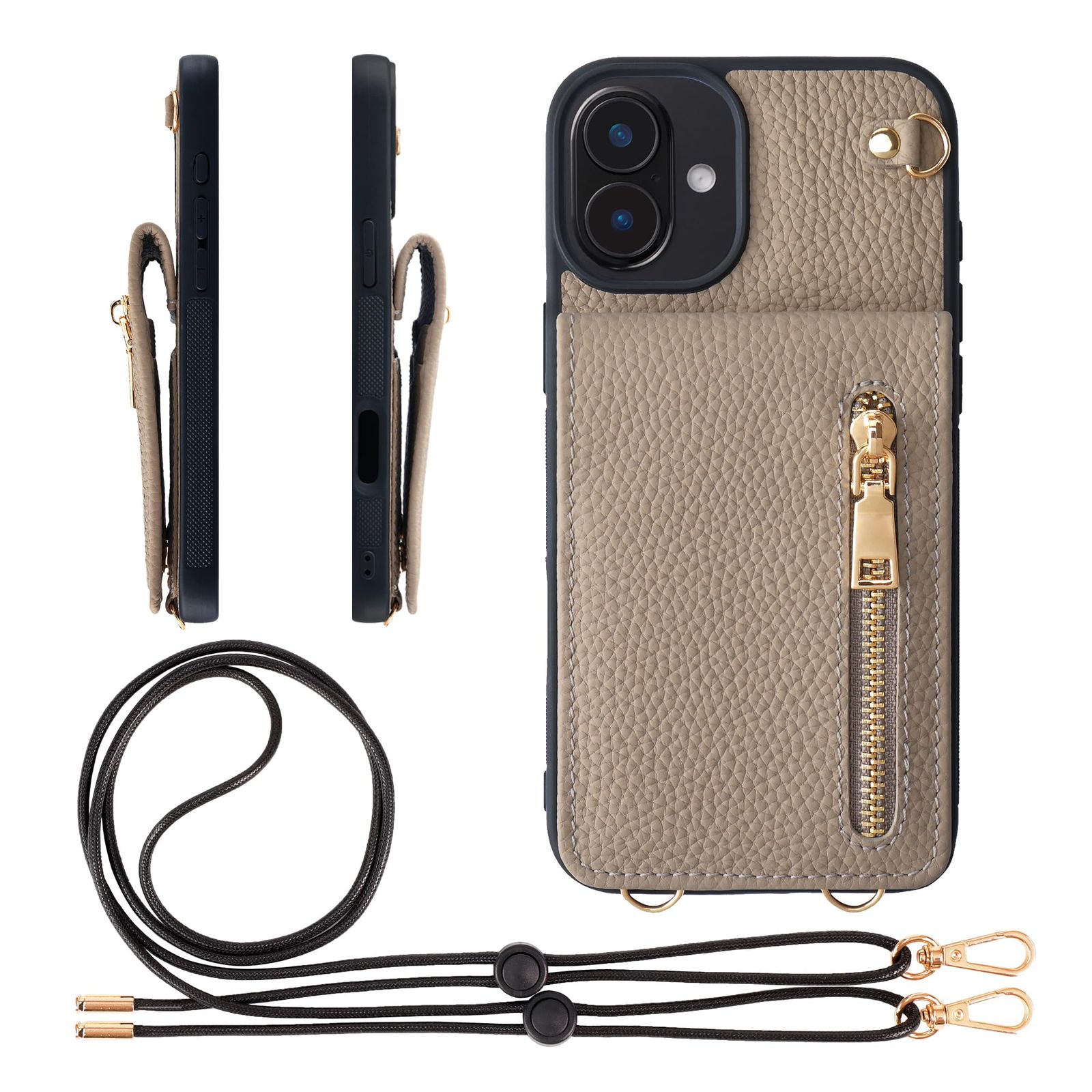 新品 HANATORA for iPhone 16Plus ケース 本革 スマホケース スマホショルダー カードポケット スタンド ショルダーストラップ 付き シュリンクカーフレザー コインケース 小銭入れ グレージュ SCPGGZ-16Plus-Grege