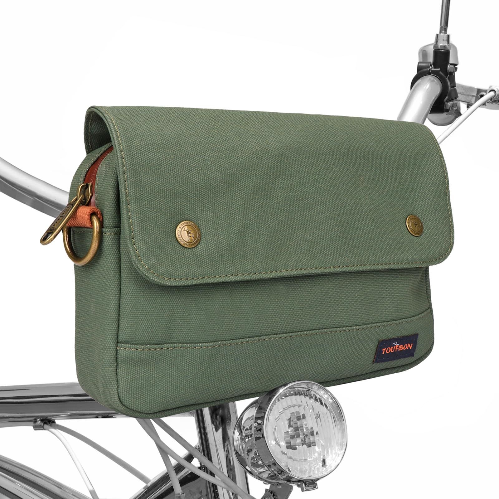 新品 TOURBON フロントバッグ ハンドルバーバッグ 小型 2.7L 自転車バッグ 小物収納 ロードバイク サイクリングバッグ リアバック 取り付け簡単 ショルダーストラップ付き 通勤通学 キャンプ アウトドア グリーン