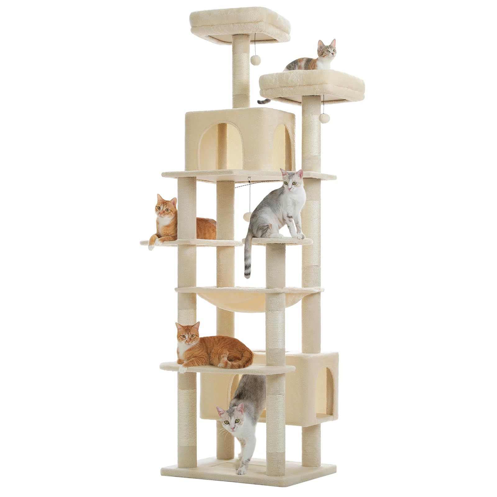 PETEPELA(ぺテぺラ) キャットタワー 大型猫用 コンパクト 多頭飼い 据え置き型 スリム ハンモック 麻紐爪とぎポール 猫のおもちゃ 転倒防止ベルト付き 展望台 猫ベッドカバー取り外し可能 運動不足解消 - XL 高さ205cm ベージュ 1