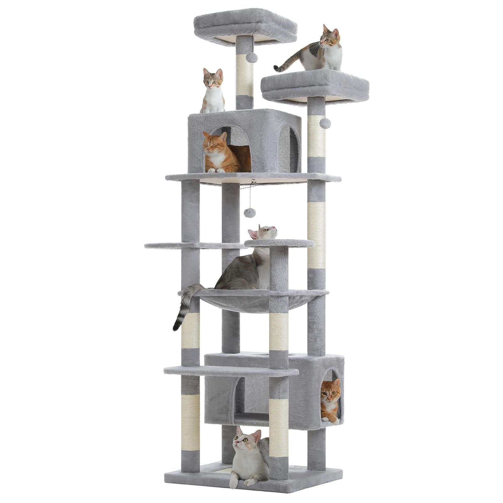 PETEPELA(ぺテぺラ) キャットタワー 大型猫用 コンパクト 多頭飼い 据え置き型 スリム ハンモック 麻紐爪とぎポール 猫のおもちゃ 転倒防止ベルト付き 展望台 猫ベッドカバー取り外し可能 運動不足解消 - XL 高さ205cm グレー 1