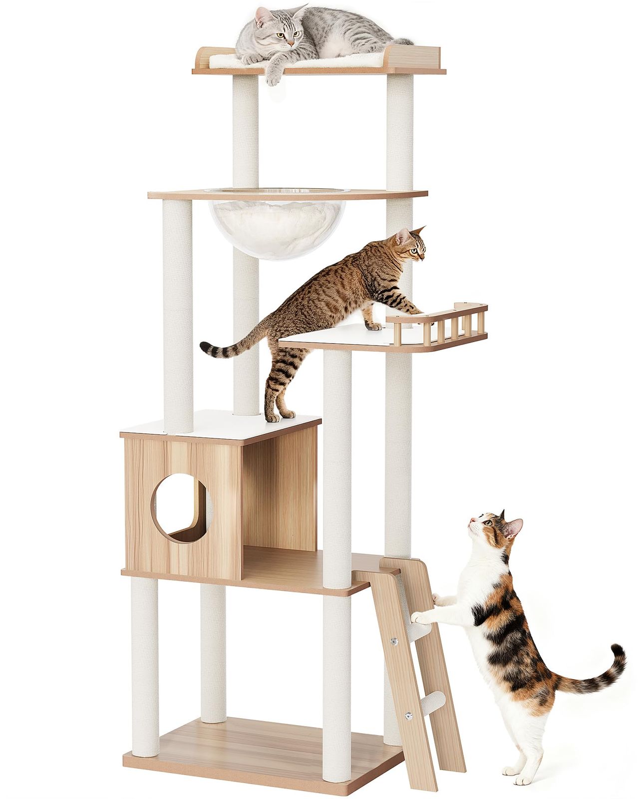 OROPY キャットタワー 据え置き型 木製 157cm 5段猫タワー 多頭飼い 大型猫対応 短足猫 老猫 太り気味猫に優しい 宇宙船ハンモック 隠れ家 展望台 爪とぎポスト 階段付き 1
