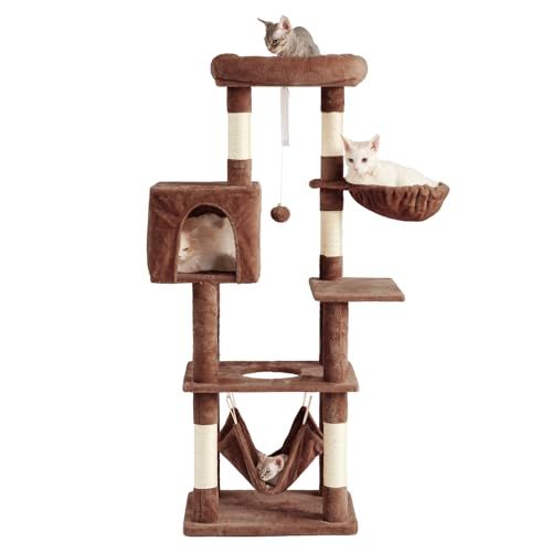 AIFY キャットタワー 大型猫用 多頭飼い 省スペース スリム 据え置き 安定強化構造 ハンモック付き 隠れ家付き 爪とぎ 見晴らし台 おもちゃ付き 運動不足解消 高さ140cm ブラウン 1
