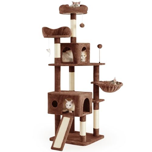 AIFY キャットタワー 大型猫用 多頭飼い 省スペース スリム 据え置き 安定強化構造 ハンモック付き 隠れ家付き 爪とぎ 見晴らし台 おもちゃ付き 運動不足解消 高さ170cm ブラウン 1