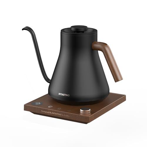 intasting 電気ケトル コーヒー 1°C単位の精密調節 ドリップ コーヒーポット 細口ドリップ LED表示パネル 電気ポット ドリップ ポット 保温機能 空焚き防止 コンパクト0.9L 1200W クリスマス 新年 プレゼント用 (ブラック-木) 1