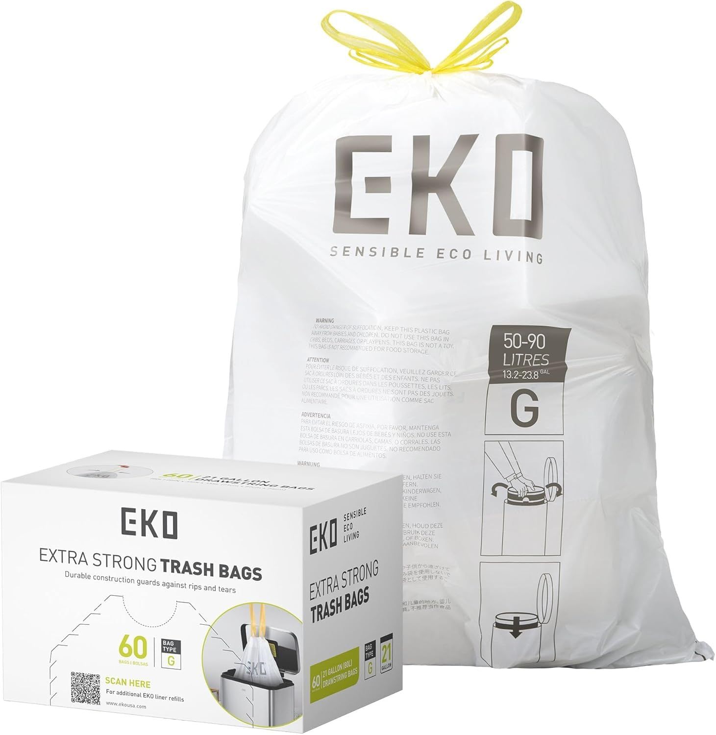 EKO ゴミ袋 タイプG 大容量 60枚入 白色 50-90L対応 ひも付き 厚手 破れにくい EK33707B 1