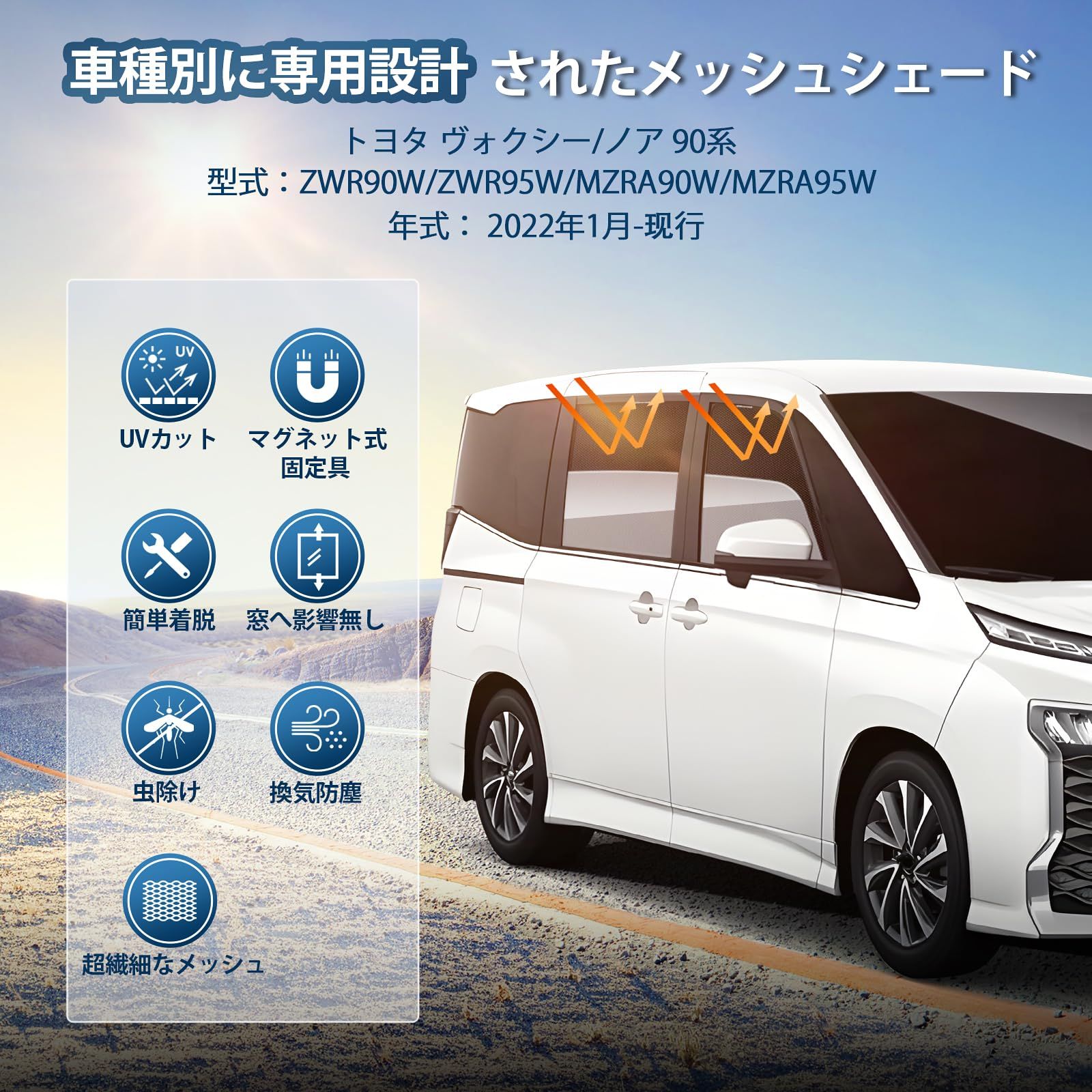 新型 ヴォクシー ノア 90系 メッシュカーテン マグネット式 遮光 換気 サイドバイザー 車用 VOXY NOAH 90系 ZWR90W／ZWR95W／MZRA90W／MZRA95W サンシェード 車種専用設計 虫除け 折り畳み式 日除け アクセサリー 1
