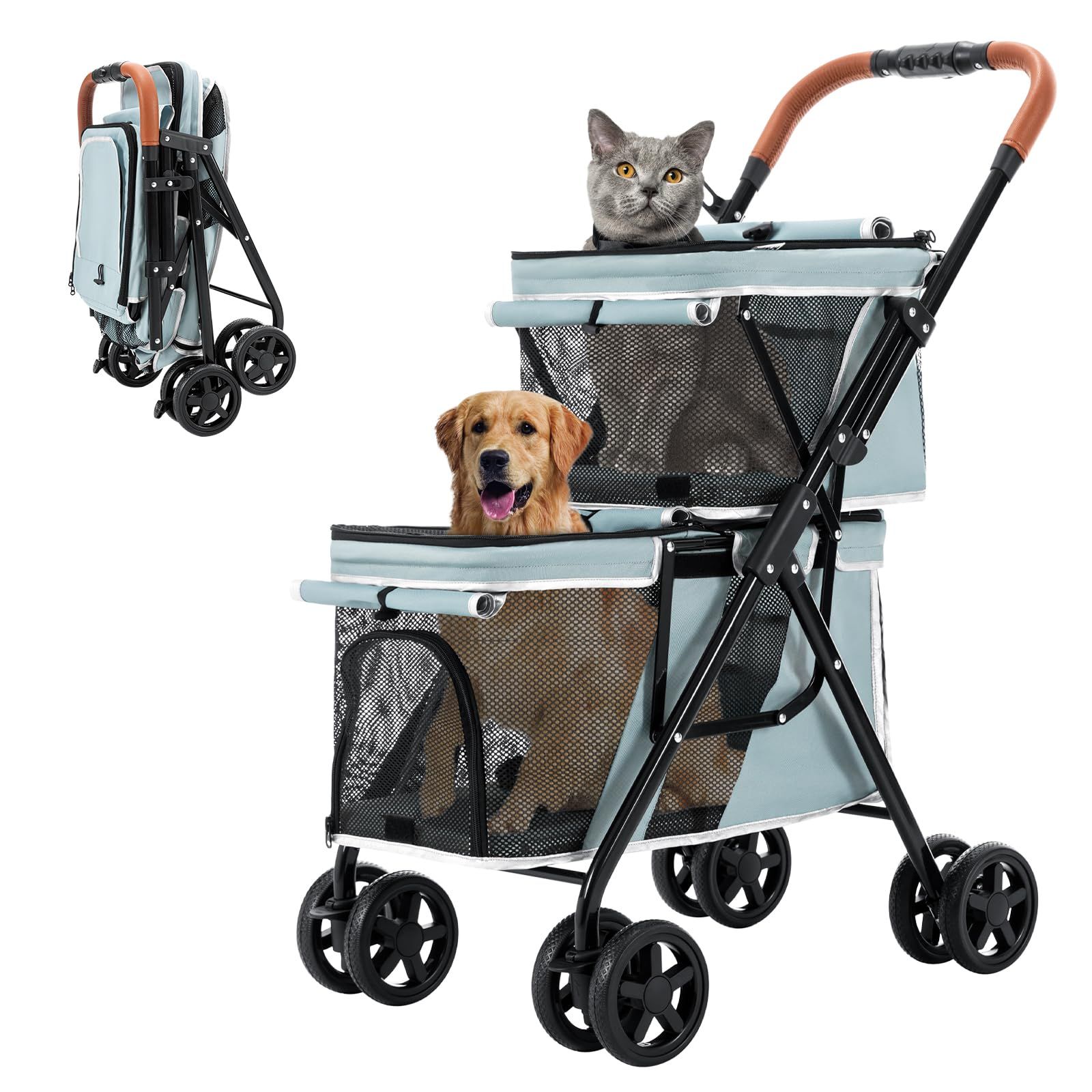 LPOTIUS ペットカート 多頭 上下2段式 ペットバギー ワンタッチ 折りたたみ 犬用ベビーカー コンパクト 収納便利 4輪 前輪360°回転 後輪ブレーキ付き 軽量 犬用カート 小型犬 中型犬 犬猫兼用 耐荷重20KG 上段8KG 下段12KG 多頭 0 13,077円