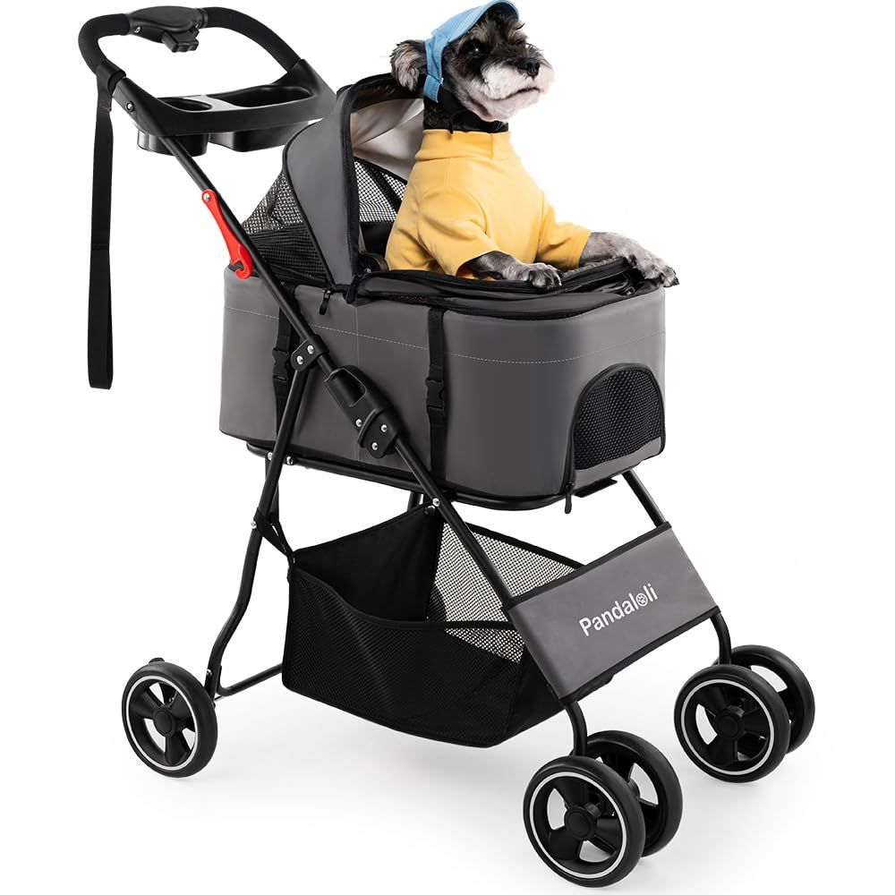 Pandaloli ペットカート ベビーカー 犬 バギー:小型犬 中型犬 猫 多頭 カート 4輪 軽量コンパクト 飛び出し防止リード2本付き 前輪360°回転 後輪ブレーキ付き 折りたたみ 組み立て簡単 耐荷重20Kg グレー色 1