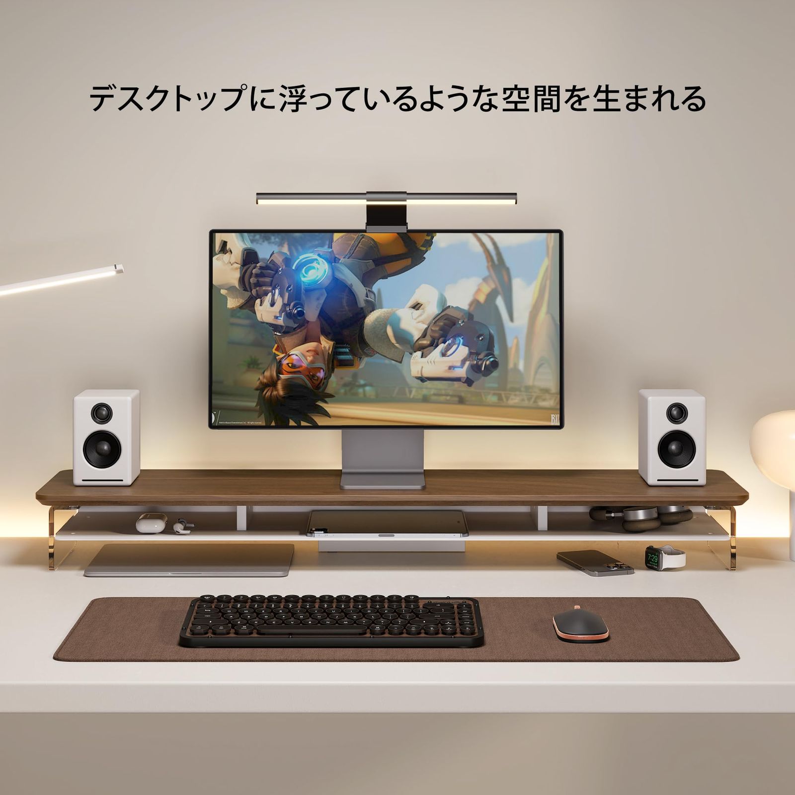 Fenge モニター台 モニタースタンド 卓上 机上台 パソコン台 PC台 机上ラック 108cm横幅 2段 木製天板 アクリル製脚 デスクトップ用 机上 モニタースタンド 机上台 pcモニター台 パソコンラック 卓上 収納 整理整頓 (ブラウン, 幅10 1