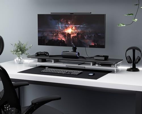 Fenge モニター台 モニタースタンド 卓上 机上台 パソコン台 PC台 机上ラック 108cm横幅 2段 木製天板 アクリル製脚 デスクトップ用 机上 モニタースタンド 机上台 pcモニター台 パソコンラック 卓上 収納 整理整頓 (ブラック, 幅10 1