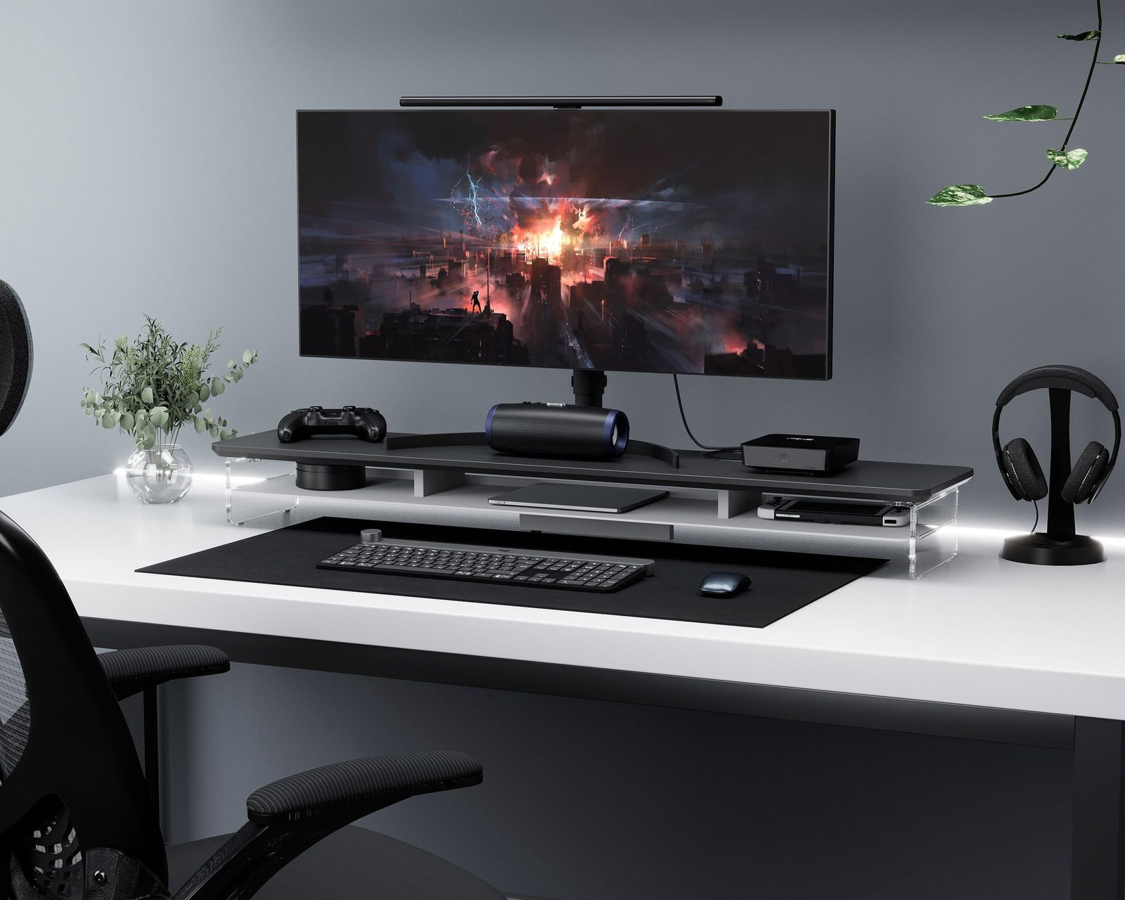 Fenge モニター台 モニタースタンド 卓上 机上台 パソコン台 PC台 机上ラック 108cm横幅 2段 木製天板 アクリル製脚 デスクトップ用 机上 モニタースタンド 机上台 pcモニター台 パソコンラック 卓上 収納 整理整頓 (ブラック, 幅10 1