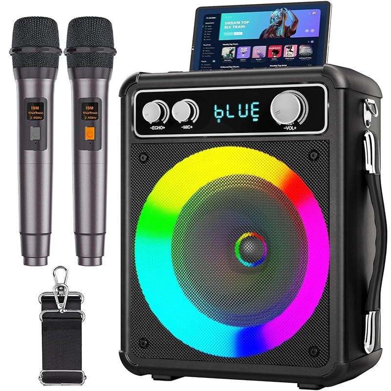 VOSOCO カラオケセット ワイヤレスマイク２本 スピーカーセット 家庭用 カラオケマイク 拡声器 Bluetooth 5.0 PAセット 小型 カラオケマシン ポータブルスピーカー AUX／USB／TF対応 ホームパーティー／会議／スピーチ／学校行事／ 1