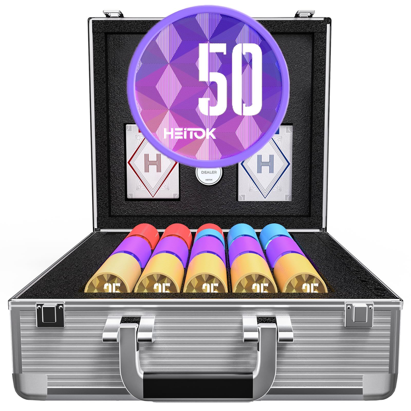 初心者・子供・ファミリーゲーム対応 ギフト・プレゼントに最適 600枚鉄芯ABSポーカーチップセット 本格カジノ仕様 11.5g重量感 多人数対応 トランプ2組・ディーラーボタン・高耐久アルミケース付 家庭用・パーティー用 Poker Set HEITOK 1