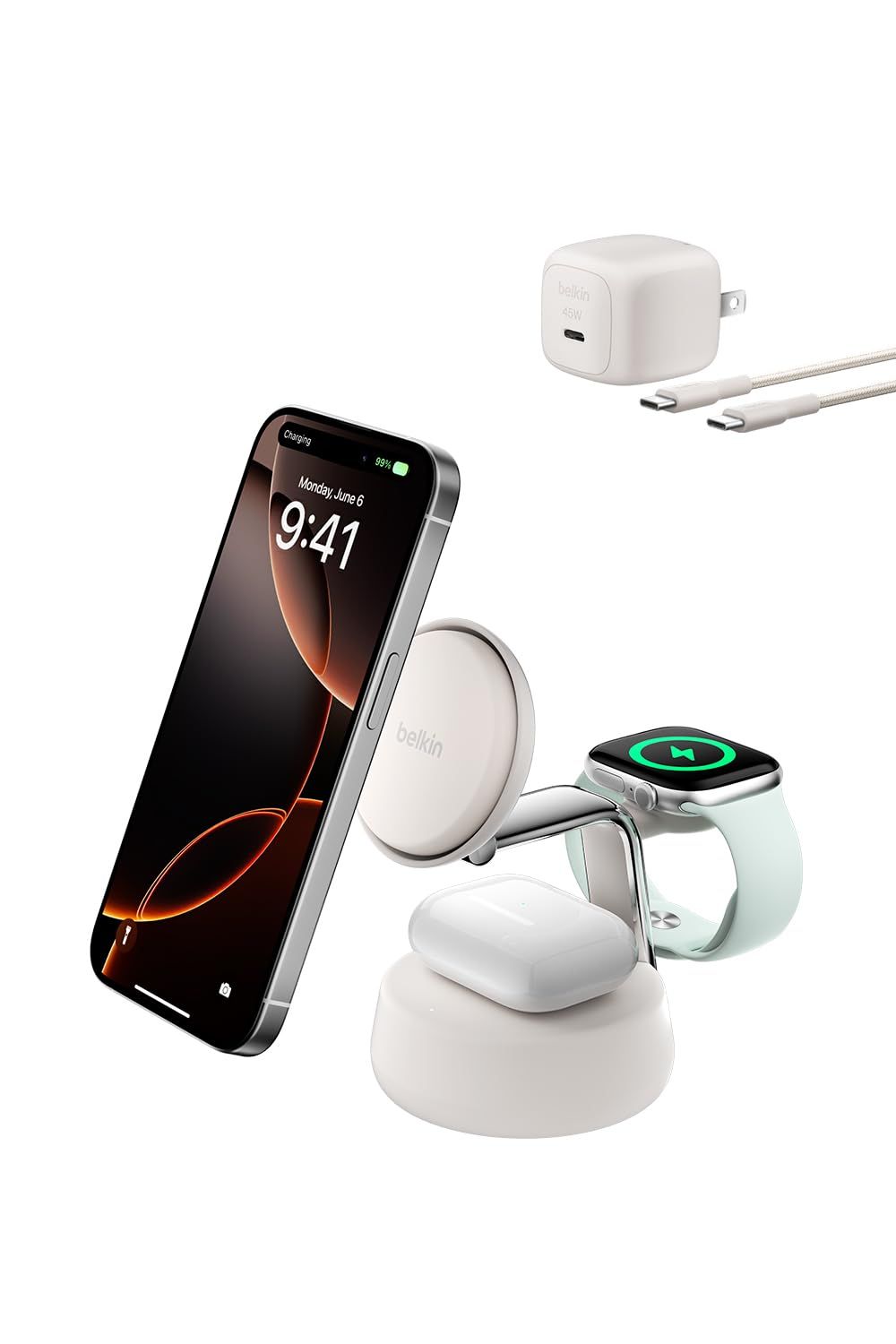 【Amazon.co.jp限定】Belkin Qi2 25W ワイヤレス充電器 3 in 1 世界初 充電スタンド Qi2公式認証 MagSafe マグセーフ 急速充電 iPhone17,16~12 Applewatch対応 アップルウォッチ Google 0