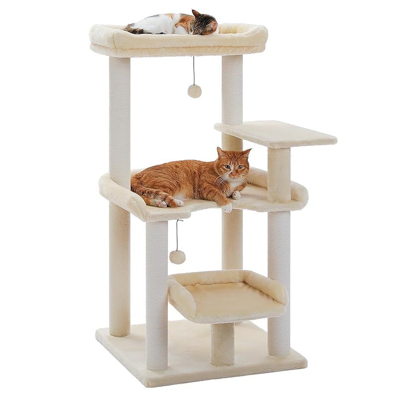 PAWZ Road キャットタワー 大型猫用 猫タワー シンプル おしゃれ シニア猫 低い スリム ねこ ネコ 多頭飼い 運動不足解消 猫爪研ぎ 麻紐 猫ベッド おもちゃ 巨大土台 安定感 据え置き 置き型 省スペース 組立簡単 人気 - ベージュ 高さ1 1