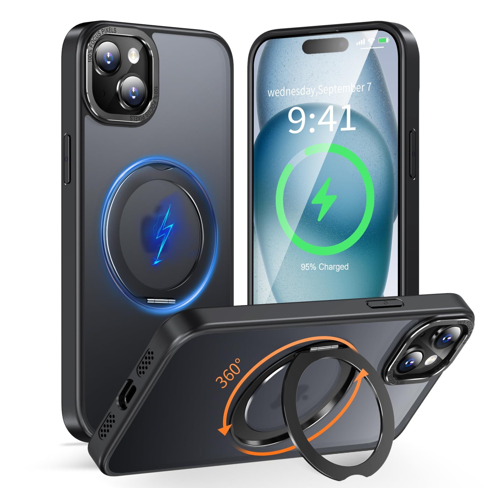 KWATUNG Compatible iPhone 15 Case, MagSafe Compatible, Wireless Charging, iPhone 15 Case, Shock Resistant Phone 15 Cover, 360° Rotating Stand, Vertical and Horizontal Compatible Smartphone Case for iPhone 15, Mug, Safe Ring Magnet 1