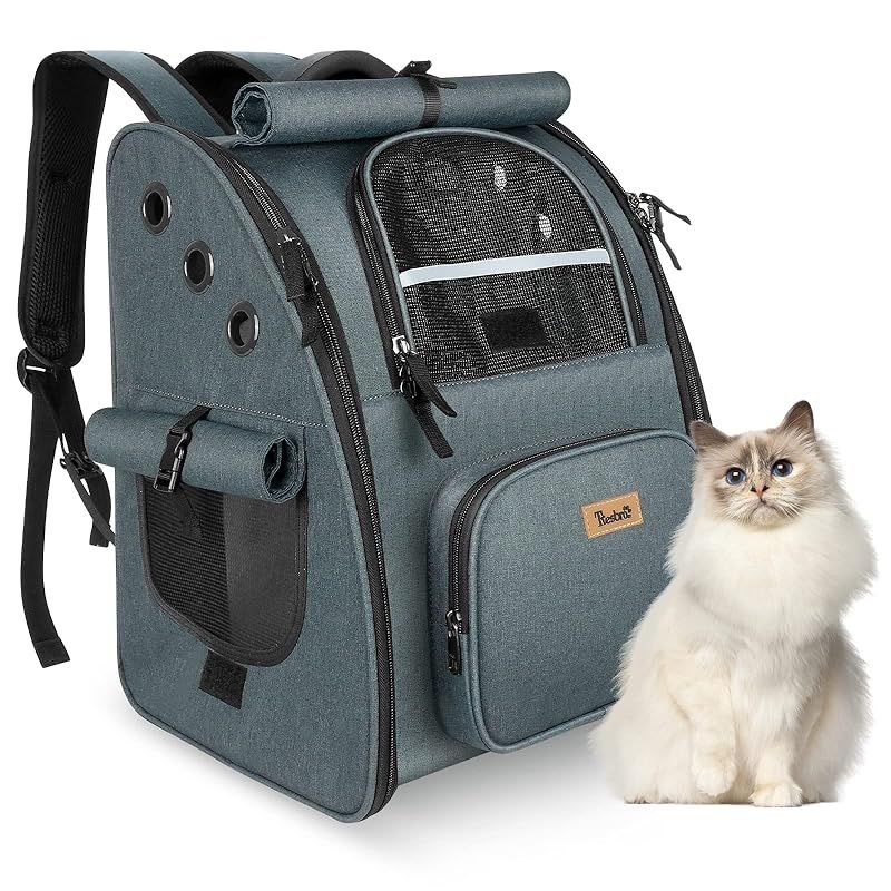 Tresbro 猫 リュック ペット 【第二世代アップグレード版】ロック式ファスナー・3面カーテン付きの ペットキャリー 犬 通気性 猫 きゃりーバッグ 小型犬・小動物用 旅行／通院／災害避難に最適 ダークグレー 1