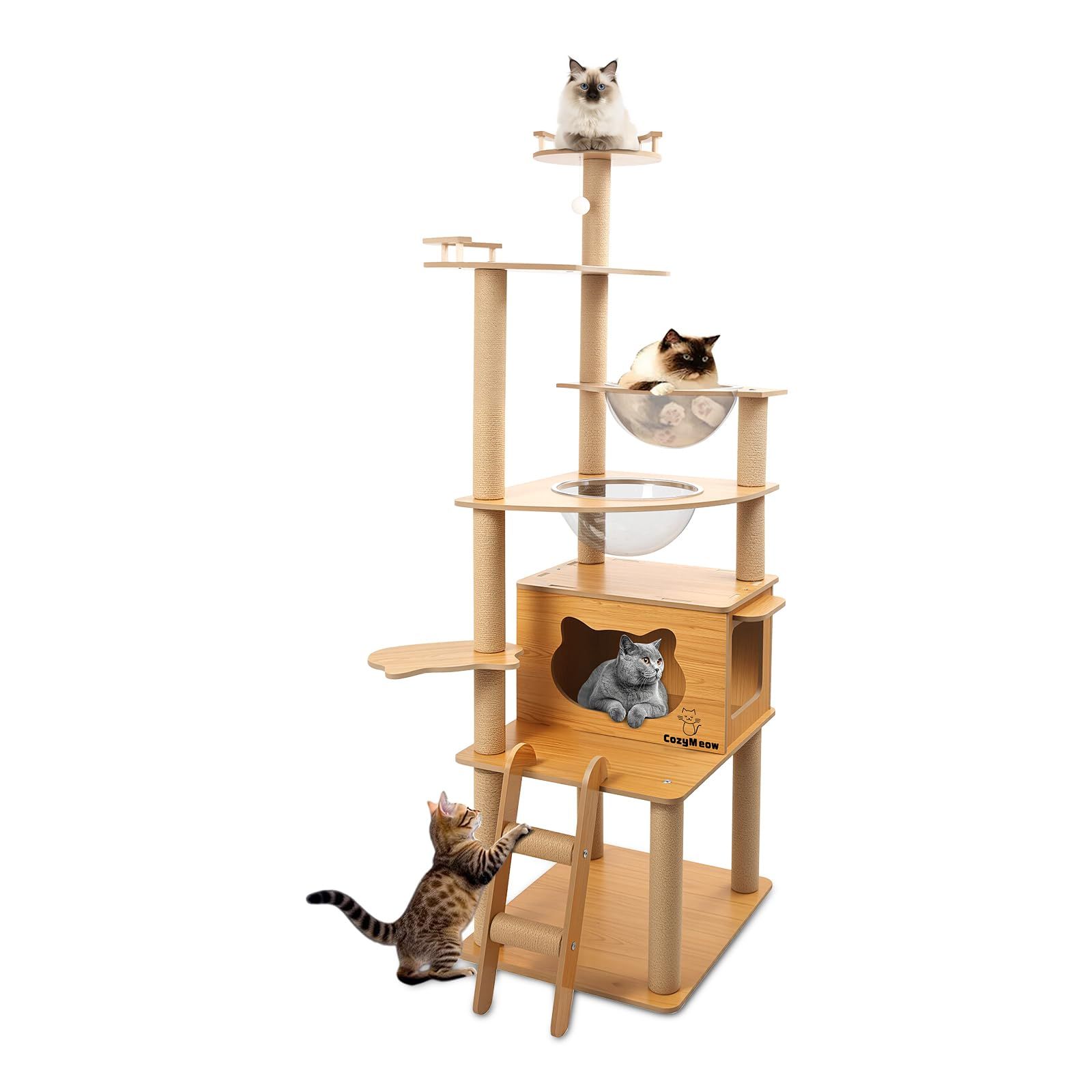 キャットタワー 木製 スリム 宇宙船 据え置き 厚さを増した板材 キャットハウス つめとぎ 猫 大型猫用 爪とぎ キャットウォーク 多頭飼い 人気 猫タワー おしゃれ かわいい ねこ キャットステップ 高い安定性 運動不足解消日本語説明書付き (ナチュラル 1