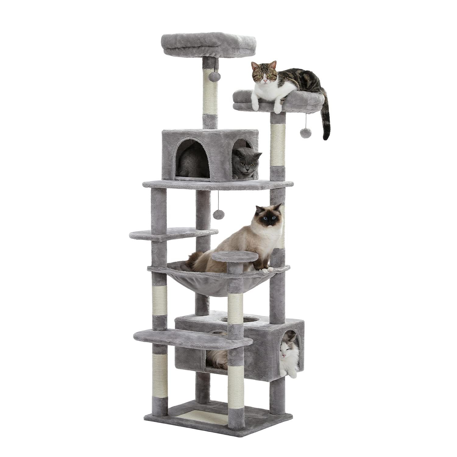 PETEPELA(ぺテぺラ) キャットタワー 大型猫用 猫タワー スリム コンパクト 多頭飼い 据え置き型 ハンモック 麻紐爪とぎポール 猫おもちゃ 転倒防止ベルト付き 展望台 猫ベッドカバー取り外し可能 運動不足解消 人気 - 180cm グレー 1