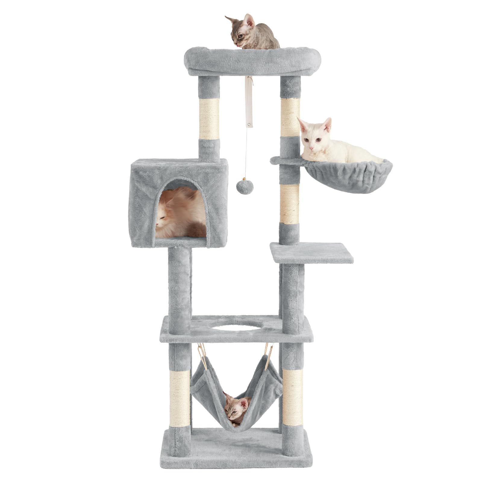 AIFY キャットタワー 大型猫用 多頭飼い 省スペース スリム 据え置き 安定強化構造 抗菌 消臭 ハンモック付き 隠れ家付き 爪とぎ 見晴らし台 おもちゃ付き 運動不足解消 高さ140cm 0