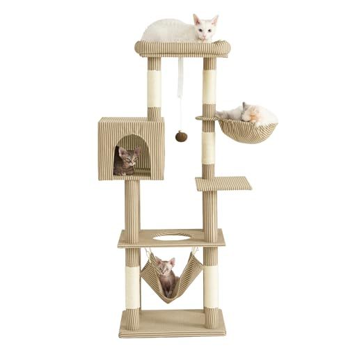 AIFY キャットタワー 大型猫用 多頭飼い 省スペース スリム 据え置き 安定強化構造 ハンモック付き 隠れ家付き 爪とぎ 見晴らし台 おもちゃ付き 運動不足解消 高さ140cm 1