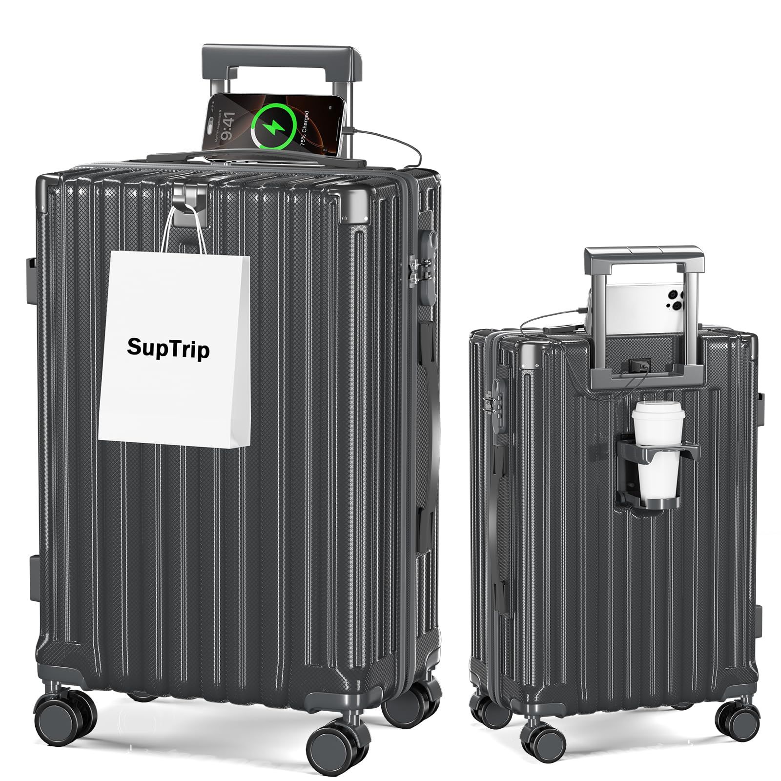 [SupTrip] スーツケース 機内持ち込み 多機能 キャリーケース 大型 超軽量 キャリーバッグ 耐衝撃 USBポート付き カップホルダー付き 充電機能 荷物フック 隠しフック機能 静音 ダブルキャスター 360度回転 修学 泊まる 旅行 出張 (グレ 1