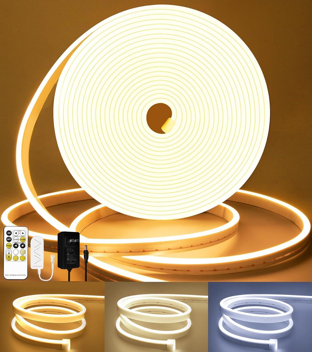 Lamomo 10M LEDテープ ライト 高輝度テープライトリモコン付き 3000K電球色-4500K昼白色-6000K昼光色 調光可能 折り曲げ自在 切断可能 24Vフレキシブル防水シリコン LED ネオンチューブライト 間接照明 室内／屋外／駐車場／ 1