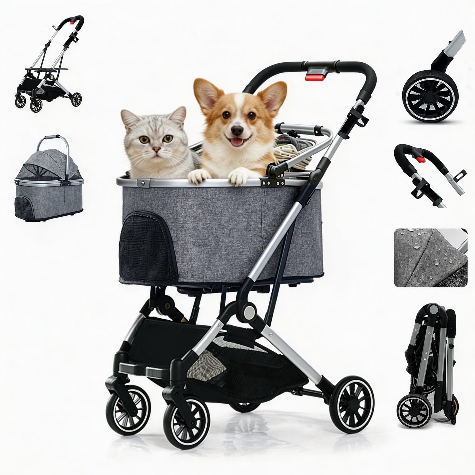 【ワンタッチ折り畳み 中小型犬専用 最新自立型】ペットカート分離型 取り外し可能 猫 犬用バギー いぬ用 4輪PU素材 前輪360°回転 前後輪ブレーキ付き 犬カート 組み立て簡単 コンパクト 軽量 耐荷重25Kg 猫かーと 多頭対応 犬 カート人気 4輪 1