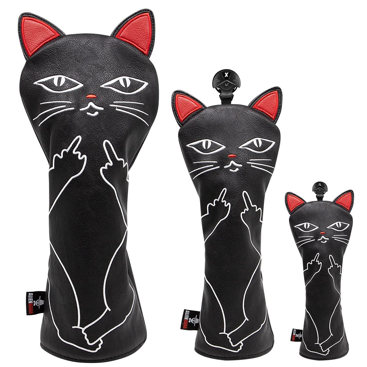 ゴルフクラブヘッドカバー ゴルフウッドカバー カッコイイネコデザイン ゴルフヘッドカバー ゴルフウッドカバー Aliennana Cute Catドライバーカバー (DR)フェアウェイウッド(FW)、ユーティリティ用(UT) (DR+FW+UT(3枚)-黒)