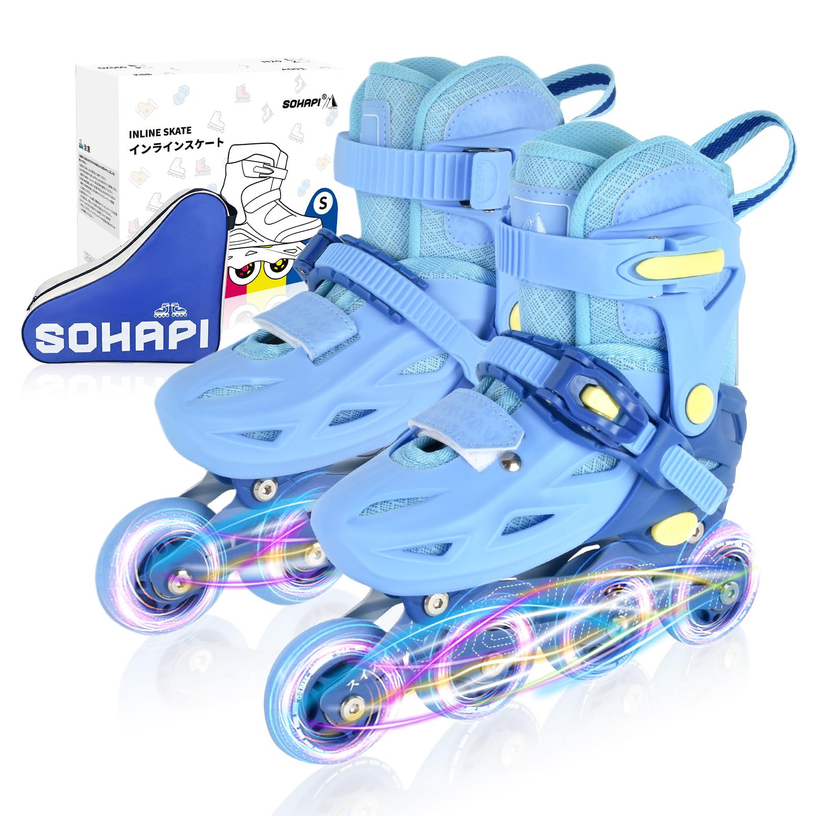 新品 SOHAPI インラインスケート インラインシューズ ローラースケート 大人 子供用 ジュニア ローラー ローラーブレード 女の子 男の子 初心者向け 耐久 通気性 安全 静音 全ウィルが光る 4サイズ調整可能 バッグ付き(ブルー、S)