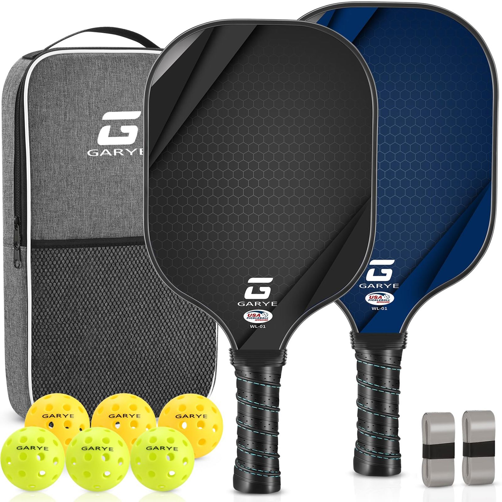 新品 GARYE ピックルボールパドル 2個セット USAPA承認カーボンファイバーピックルボールセット 軽量ピックルボールラケット 2パック ボール6個付き バッグ1個 グリップテープ1組 ピックルボールパドル 男女兼用