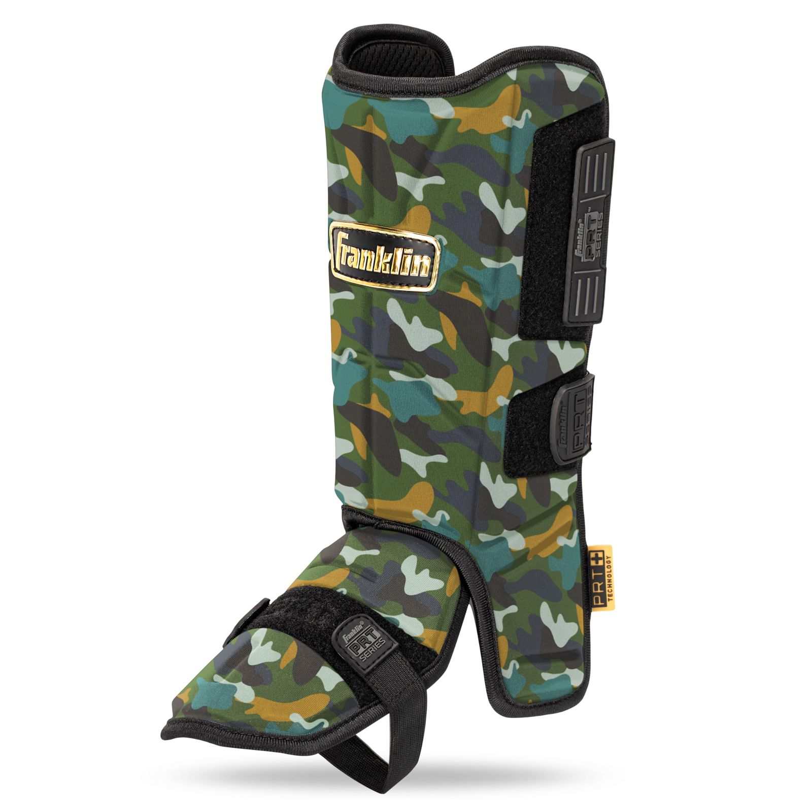 新品 Franklin Sports 野球 + ソフトボールレッグガード - PRTシリーズ 大人用すね + バッティング用フットシールド - 保護脚 + 足首ガード つま先プレート付き - 右手 + 左利き ヒッター - 迷彩/ゴールド - ワンサイズ