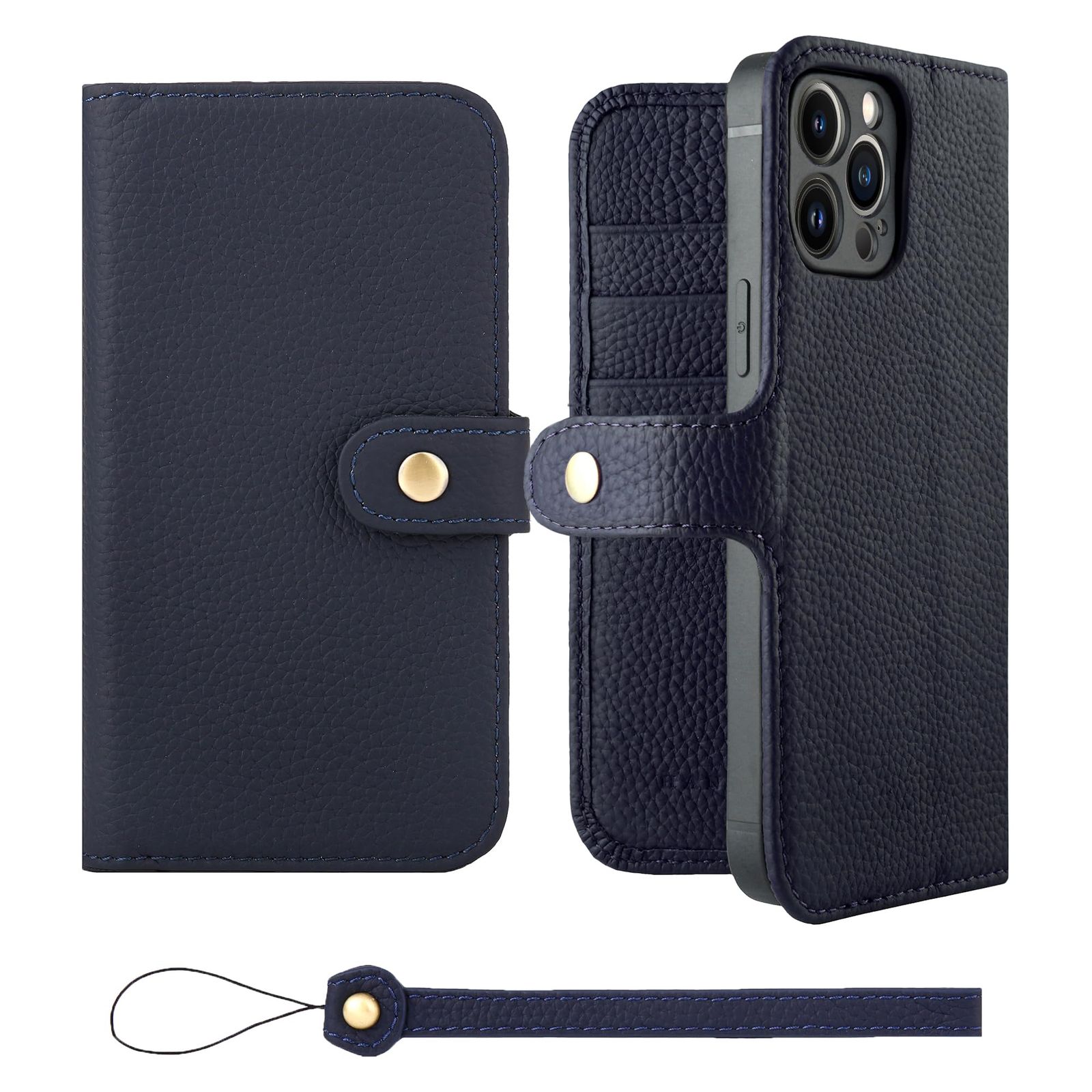 新品 HANATORA for iPhone 13ProMax ケース 手帳型 本革 スマホケース スマホ スタンド ストラップ 付き シュリンクカーフレザー ベルトあり マグネットなし ネイビー H0XB-13ProMax-Navy ギフト 誕生日 女性 男
