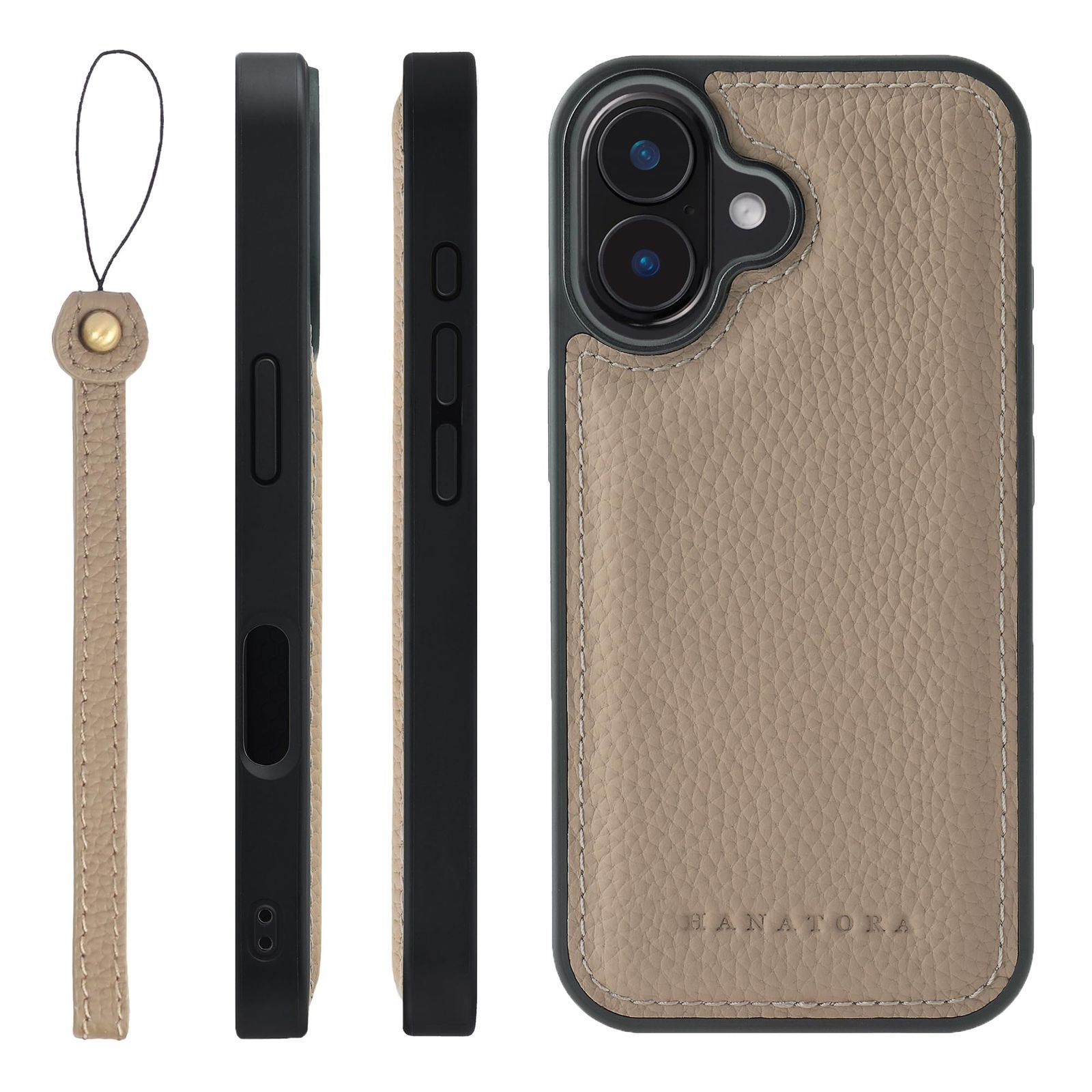 新品 HANATORA for iPhone 16 ケース MagSafe 対応 本革 耐衝撃 バンパー型 スマホケース スマホ ストラップ 付き シュリンクレザー ギフト マグセーフ対応 グレージュ SMSGZ-16-Grege