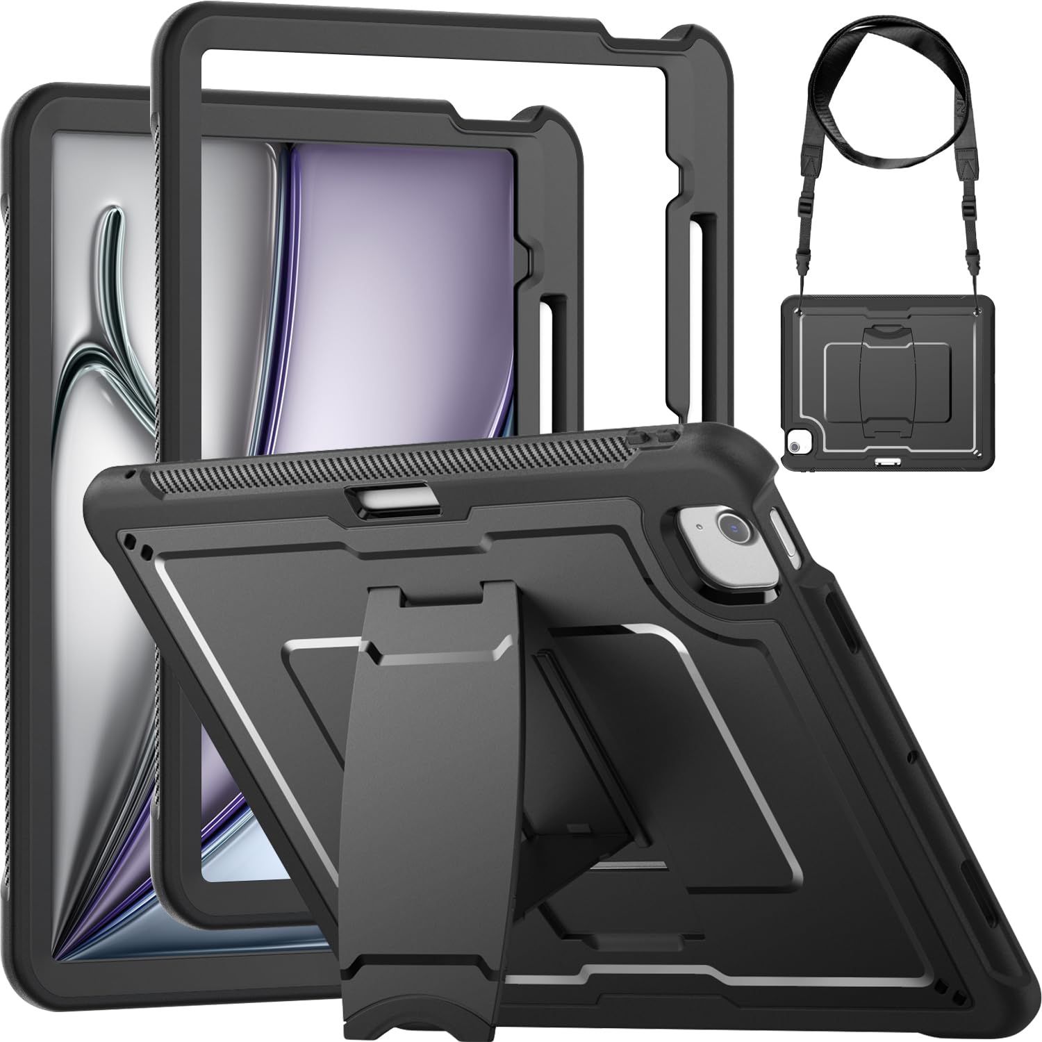 新品 Miimall 対応 iPad Air 13インチ M4 2026 ケース 対応Air M3/M2（2025/2024）カバー 耐衝撃 横置きスタンド付き ペン収納 ショルダー付き アイパッド エアーM4 M3 M2 13インチ専用カバー 重装保護 肩紐