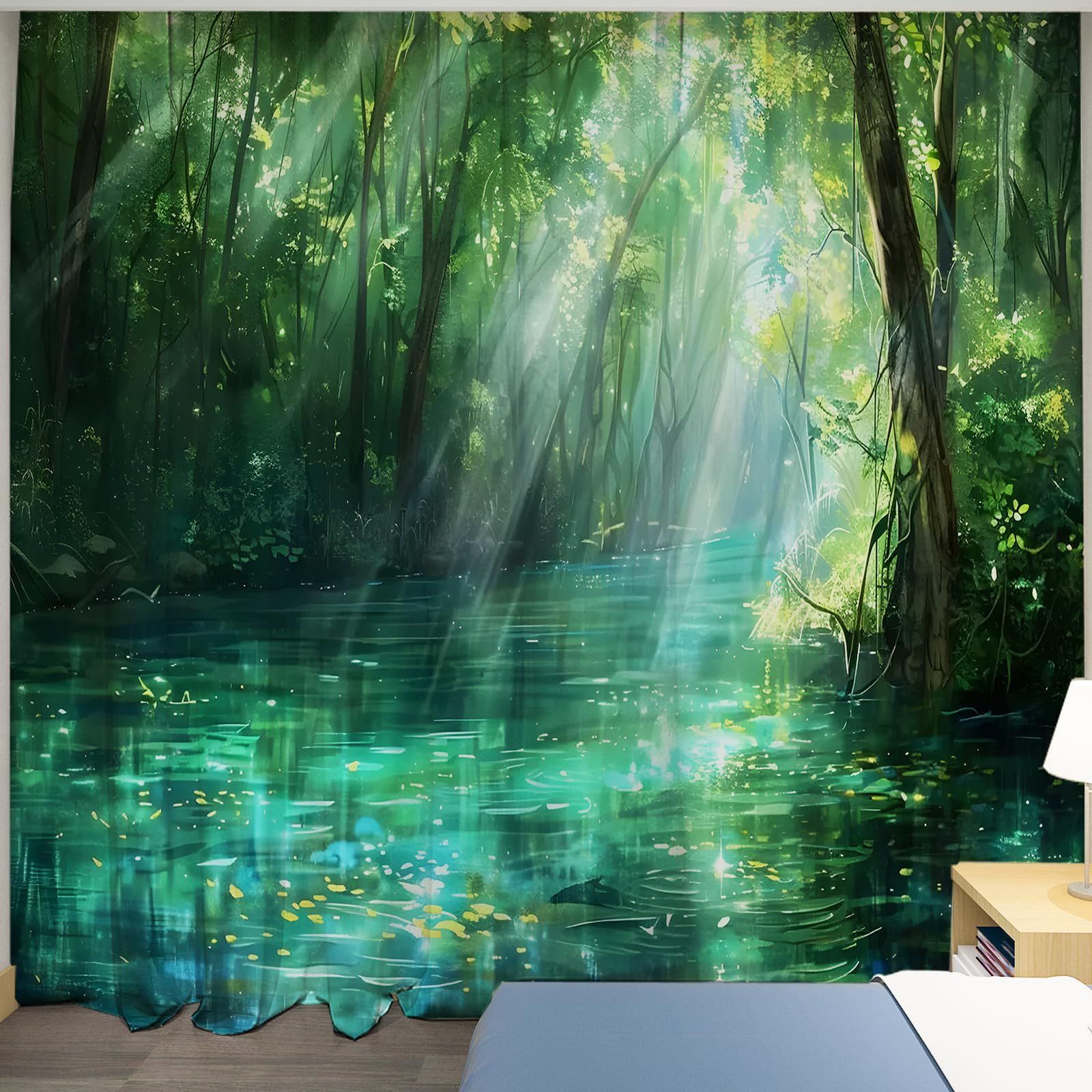 新品 U-SITU 片開き風景カーテン お部屋が絵になる！ デザイン豊富なプリント インテリア 室内飾り 漫画風 森 森林 林間 自然景色 おしゃれ 目隠し 雰囲気転換（サイズ：丈170 x 幅200cm x 1枚組）CLWH3005N