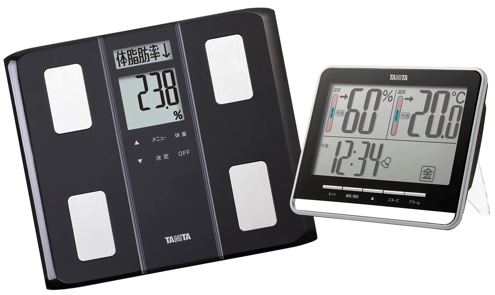 新品 【セット買い】タニタ ブラック 見やすい 大画面 時計 デジタル 温度 湿度 TT-538 BK + 体重 体組成計 ダブル液晶採用 立掛け収納OK BC-331 BK 50g 日本製