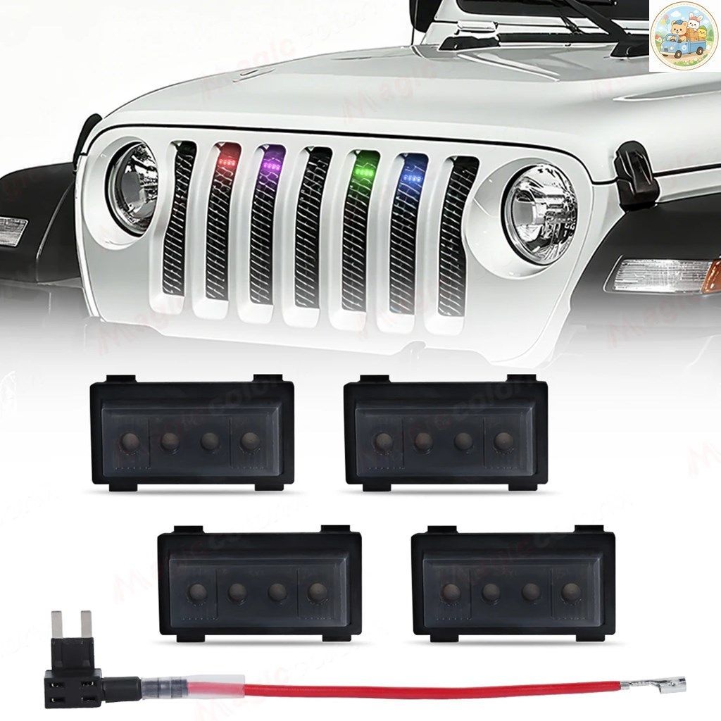 4個入り RGB グリルライト ジープ ラングラー JL JLU 2018 2019-2025 フロント グリッド 警告灯 DRL デイタイム ランニング ランプ デイラ