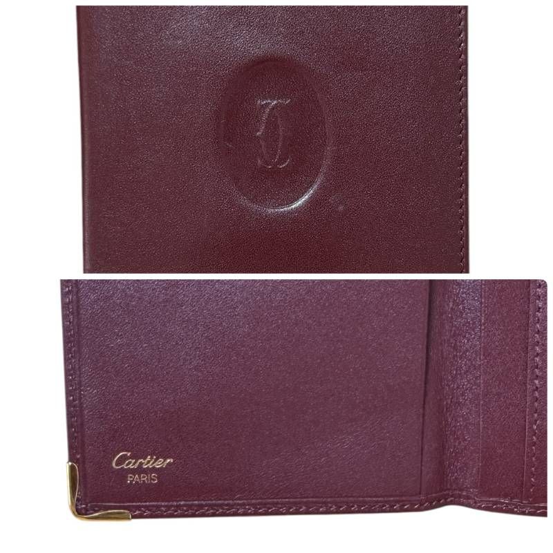 【極美品/箱付】カルティエ　長財布 レザー　ボルドー　ゴールド金具 ロゴ金具 Cartier カルティエ☆長財布 マストライン ボルドー ゴールド金具 お札