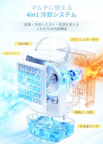 冷風機 冷風扇【2026革新・瞬間冷却・銀イオン抗菌・節電対策】 卓上扇風機 小型 冷風扇風機 スポットクーラー 氷いれ可能 超音波霧化加湿 8W省エネ 大容量水タンク 超音波霧化加湿 強力 風量3段階 7色LEDライト 上下風向調節 マイナ dde15c00